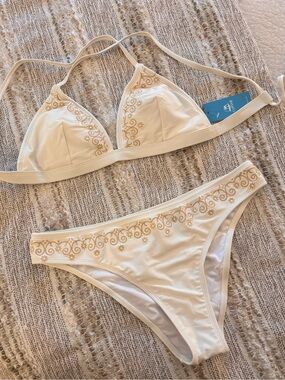 Cupshe Cream White Triangle Bikini with Gold Embroidery